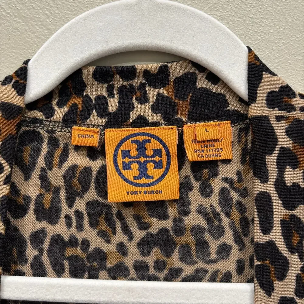 Tory Burch Merino Wool Leopard Print Cardigan Black Brown - Size: Large